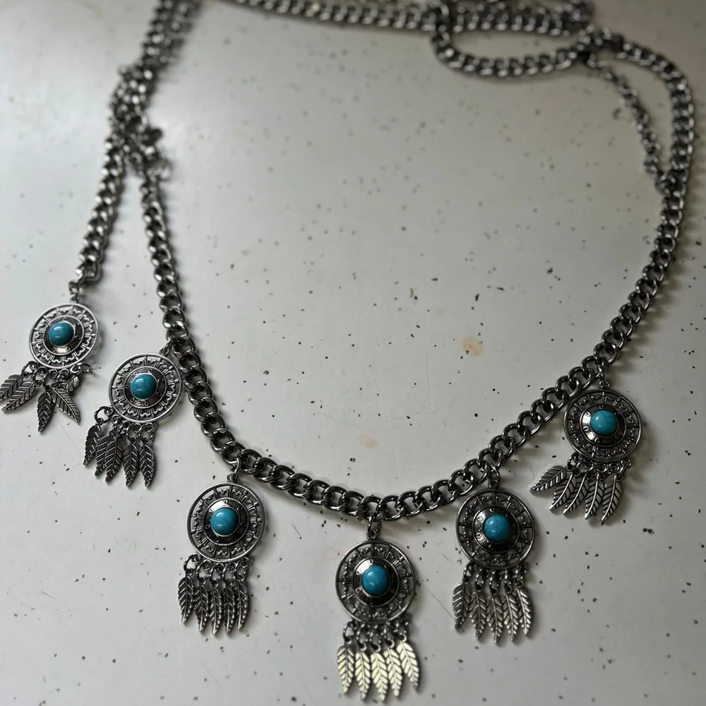 Silver‎ Chain Belt with Turquoise Details feather dream catcher